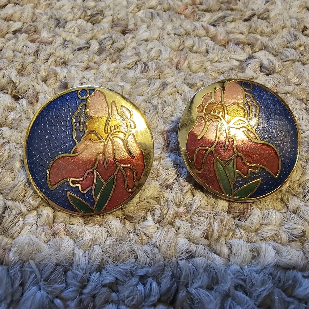 Vintage Gold and Blue Floral Earrings